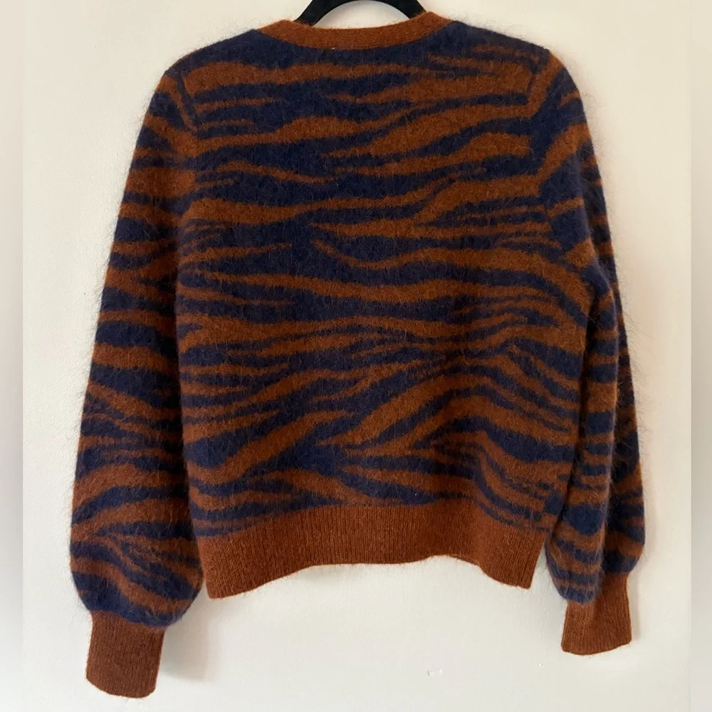 Sezane Rust and Navy Zebra-Striped Mohair Blend Cardigan